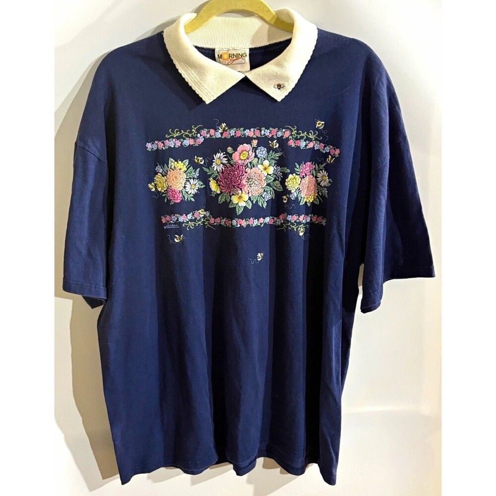 Vintage Morning Sun Women’s XL Navy Floral Embroidered Collared SS Knit